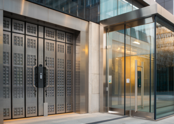 در تصویر، یک ساختمان مدرن با طراحی شیک و جذاب به نمایش درآمده است. در جبهه‌ی ورودی این ساختمان، درب ضدسرقتی مقاوم از جنس فولاد به چشم می‌خورد که با الگوی مشبک خود، جلوه‌ای محکم و ایمن به محل می‌بخشد. این درب با تحمل بارهای سنگین و فشارهای فیزیکی طراحی شده و نشان از امنیت بالای ساختمان دارد. در کنار این درب، یک درب شیشه‌ای امنیتی نیز قرار دارد که از شیشه‌ای تقویت‌شده ساخته شده و دارای قاب استیل ضدزنگ است. این درب علاوه بر زیبایی، احساس امنیت را به بیننده منتقل می‌کند و ترکیب آن با درب فولادی، هم احساس مدرنیته را القا می‌کند و هم اطمینان خاطر از حفظ امنیت ساختمان را به ارمغان می‌آورد. طراحی ساختمان به صورت کلی شامل عناصری از بتن، شیشه و فلز است که به آن ظاهری منحصر به فرد و معاصر بخشیده است. با کنار هم قرار گرفتن این دو درب، ورودی ساختمان تداعی‌گر امنیت و زیبایی است و به خوبی نشان‌دهنده‌ی مفهوم مدرنیته در معماری امروز می‌باشد.