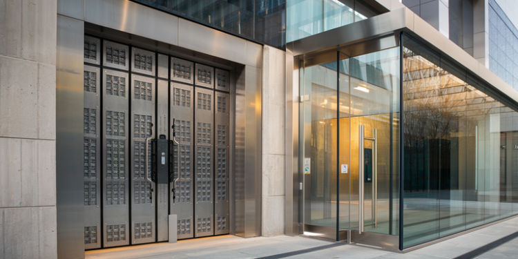 در تصویر، یک ساختمان مدرن با طراحی شیک و جذاب به نمایش درآمده است. در جبهه‌ی ورودی این ساختمان، درب ضدسرقتی مقاوم از جنس فولاد به چشم می‌خورد که با الگوی مشبک خود، جلوه‌ای محکم و ایمن به محل می‌بخشد. این درب با تحمل بارهای سنگین و فشارهای فیزیکی طراحی شده و نشان از امنیت بالای ساختمان دارد. در کنار این درب، یک درب شیشه‌ای امنیتی نیز قرار دارد که از شیشه‌ای تقویت‌شده ساخته شده و دارای قاب استیل ضدزنگ است. این درب علاوه بر زیبایی، احساس امنیت را به بیننده منتقل می‌کند و ترکیب آن با درب فولادی، هم احساس مدرنیته را القا می‌کند و هم اطمینان خاطر از حفظ امنیت ساختمان را به ارمغان می‌آورد. طراحی ساختمان به صورت کلی شامل عناصری از بتن، شیشه و فلز است که به آن ظاهری منحصر به فرد و معاصر بخشیده است. با کنار هم قرار گرفتن این دو درب، ورودی ساختمان تداعی‌گر امنیت و زیبایی است و به خوبی نشان‌دهنده‌ی مفهوم مدرنیته در معماری امروز می‌باشد.